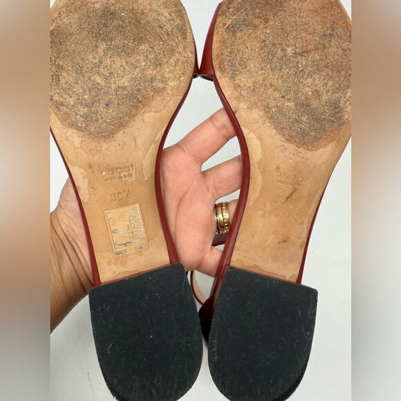 Gucci Burgundy red leather Horsebit ankle strap peep toe low heel sandals EU38.5 - Picture 11 of 11